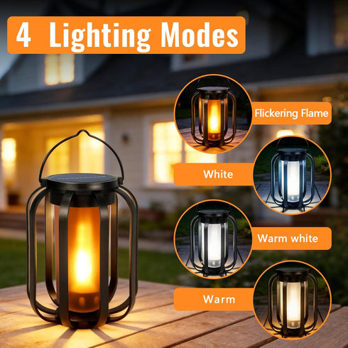 2 Pack 4 Solar Lantern Lights Outdoor Waterproof Flickering Flame Light, Solar Lights with Dual Charging (USB/Solar)