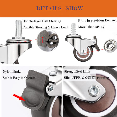 Stem Casters 360 Degree Swivel TPR Wheels - Replacement Industrial Castors for Carts, Furniture, Dolly (1.5 Inch with