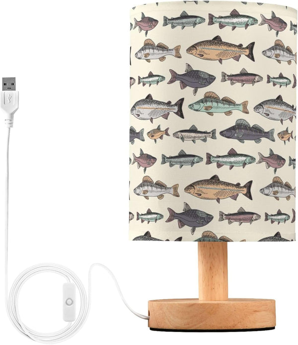 YYZZH Vintage Fish Pattern Table Lamp with Wood Base Fabric Lamp Shade Bedside