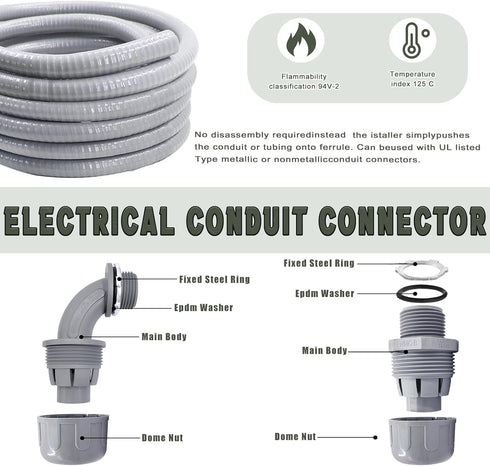 Feotech 1 Inch 5 1 1 FT Non Metallic Liquid-Tight Conduit and Connector Kit - Includes Straight and Angle Fittings