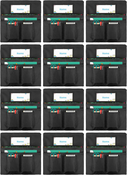 Chair Pockets Black - 12 Pcs, 14 x 13 Inch Chairback Buddy Pocket Classroom Organizer with Name Slot