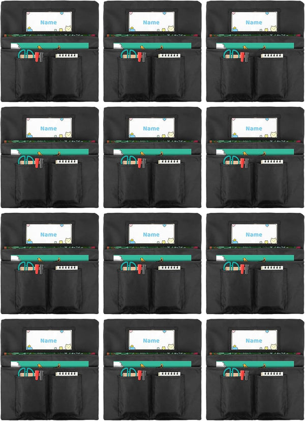 Chair Pockets Black - 12 Pcs, 14 x 13 Inch Chairback Buddy Pocket Classroom Organizer with Name Slot