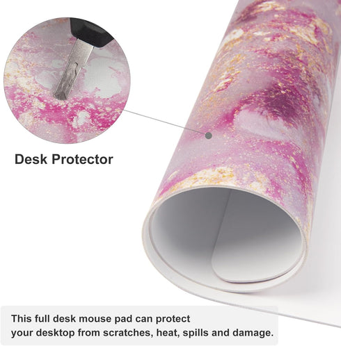 QIYI Large Mouse Pad, Cute Pink PU Leather Desk Mat, Rose Gold Marble Protector for Gaming, 31.5" x 15.7"