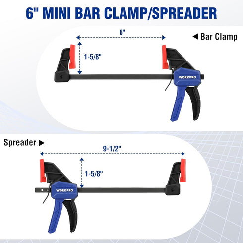 WORKPRO 6" Mini Bar Clamps Set, One-Handed Clamp/Spreader, 4 Pack Wood Clamps with 50LBS Load Limit