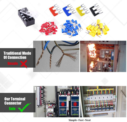 Glarks 70Pcs Terminal Block Set - 5Pcs 3 Positions Dual Row Screw Terminals + 60Pcs Insulated Fork Wire Connector