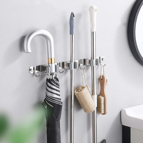 Broom Mop Holder Wall Mount Cleaning Tool holder, Heavy Duty Stainless Steel Broom Hanger Rack Hook Organizer, Garage Storag Racks wall Mounted Broom Hanger for Home, Kitchen, Garden, Garage, Landry by iPstyle