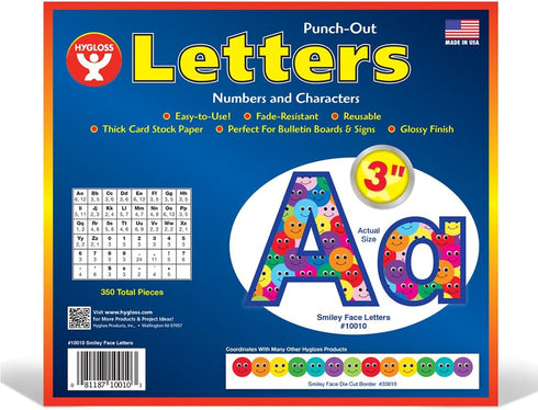 Hygloss Products Bulletin Board Letters and Numbers – Punch Out Smiley Faces Design Combo – 3 Inch, 350 Pieces