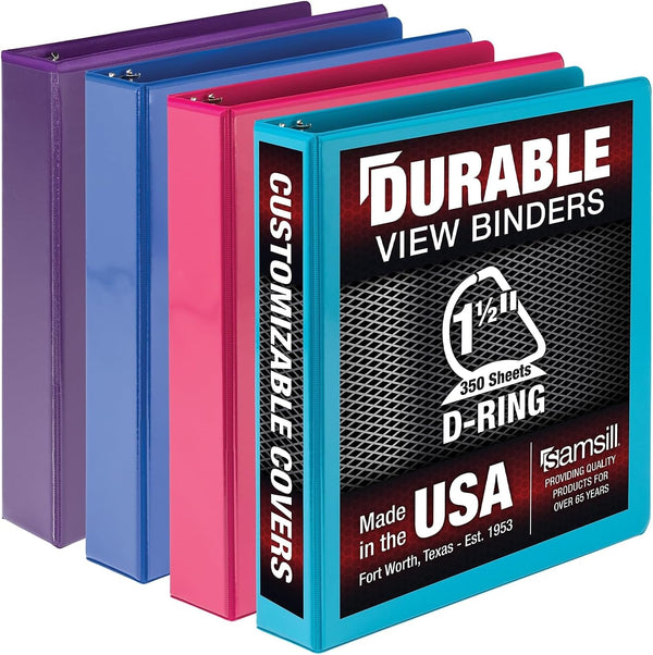 Samsill Durable 1.5 Inch D Ring Binder, Customizable Clear View Binder, 4 Pack, Made in the USA, Holds 350 Pages