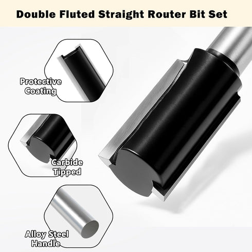 7 Set 1/4 1/8", 5/32", 3/16", 1/4", 5/16", 3/8", 1/2" Pcs Straight Cut Router Bit Shank, Double Fluted Plunge Router
