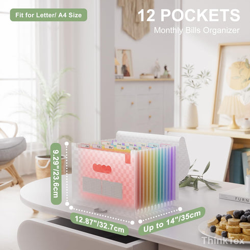 ThinkTex Accordion File Organizer, 12-Pocket Expanding Folders for Paper Receipts, Bills & Taxes, Pink