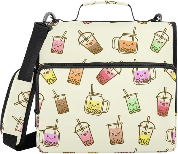 Krafig Bubble Milk Tea Funny Zipper Binder Bag 3 Ring with Handle Shoulder