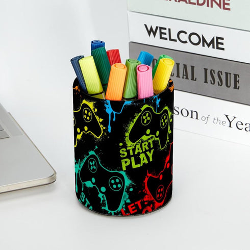 PVC Leather Circular Pen Holder for Desk, Colorful Joystick Game Pencil Organizer with Flannel Lining