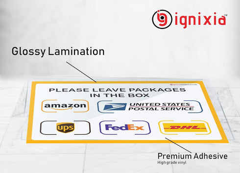 IGNIXIA Pack of 02 Package Delivery Sign Decals, Self Adhesive Sticker for Delivery Instructions (10 x 7 inches)