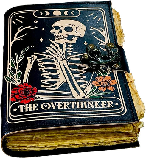 Book of Spells Leather Bound Witchy Journal Deckle Edge Paper Grimoire Printed Diary Overthinker Notebook Spiral Gothic Goth Skull Notebook Antique Vintage Book for Men and Women (The Overthinker)