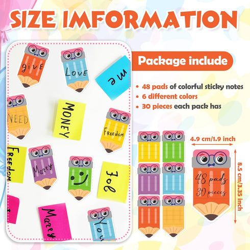Janlaugh Teachers Sticky Notes - 48 Pads, 1440 Sheets Pencil Shaped Note Pads, Cute Self Adhesive Gifts for Students