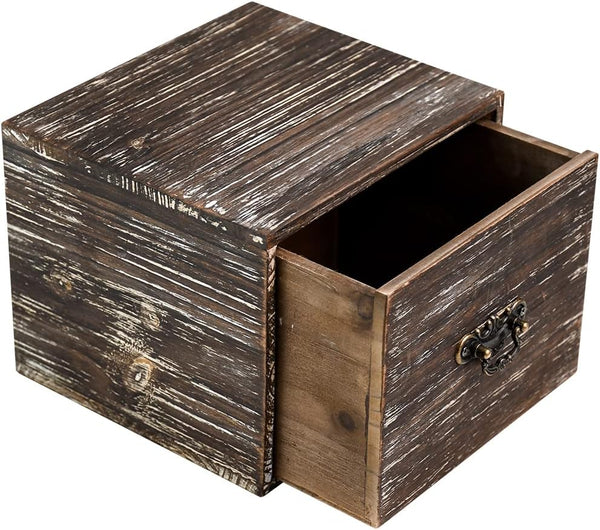 Office Desk Organizer with Drawers, Dark Brown Vintage Square Wood Storage Box for Home and School Supplies