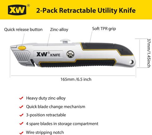 XW Retractable Utility Knife, Heavy Duty Zinc Alloy Box Cutter with 10 PCS Blades, 2-Pack