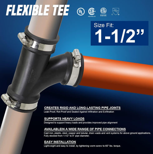 Supply Giant 6I78 Flexible Tee Coupling, Black, 1.9" Inner Diameter for 1-1/2" Nominal Pipe with Stainless Steel Clamps