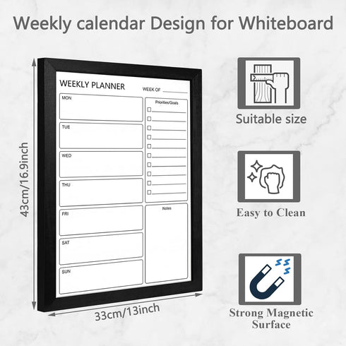 Dry Erase White Board & Weekly Calendar Board, Magnetic Whiteboard for Wall, 13“x17" Solid Wood Black Framed Message