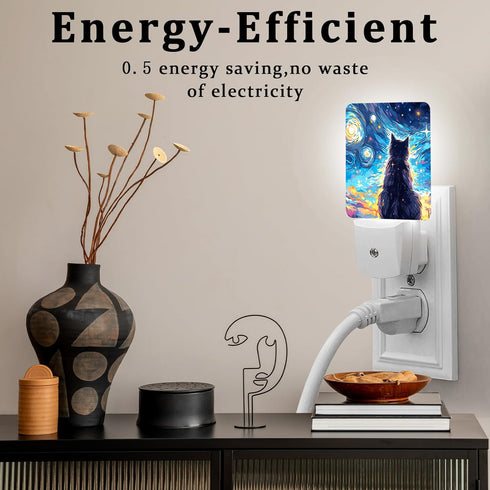 0.5W Black Cat Night Light, Plug-into Wall Starry Night Nightlight Lamp with Dusk to Dawn Sensor, Led Lamp Energy