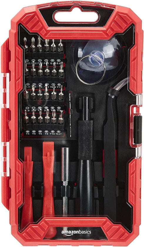 Amazon Basics Electronics Repair Screwdriver Set, 32 Pieces in Red