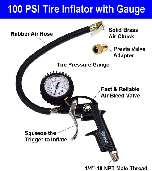 YOTOO Heavy Duty Air Compressor Accessory Kit, 20-Piece 1/4" NPT Tool Kit with Tire Inflator Gauge