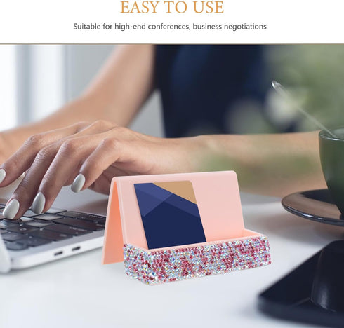 Baluue Rhinestones Business Card Holder Pink Single-sided Desk Organizer with Greeting Card Storage for Office Desktop