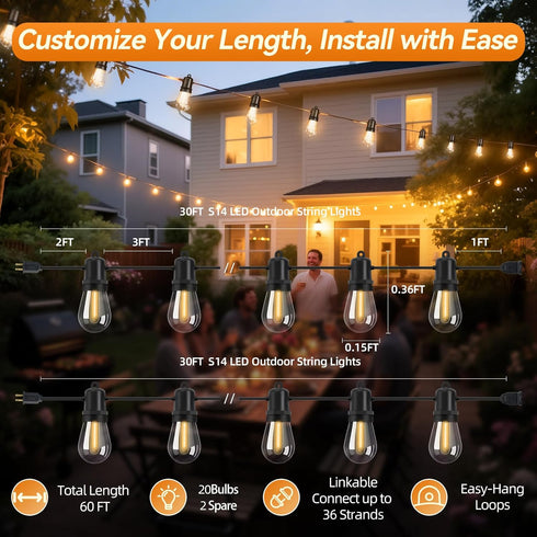 Adirxon 60FT 2-Pack Dimmable S14 Bulbs IP44 Pack Total LED Outdoor String Lights Extendable Weatherproof Shatterproof