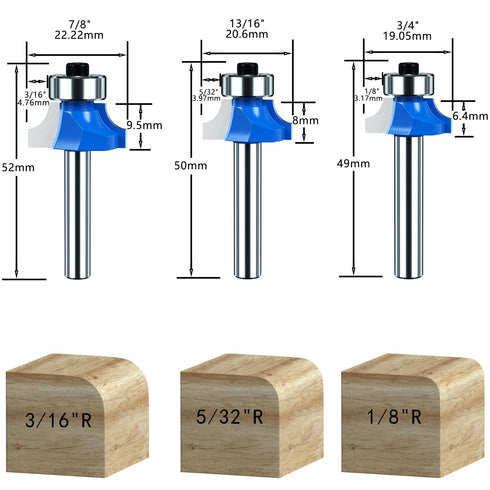 Roundover Edging Router Bit Set, 1/4 Inch Shank Carbide Bits for Woodworking Milling Tools