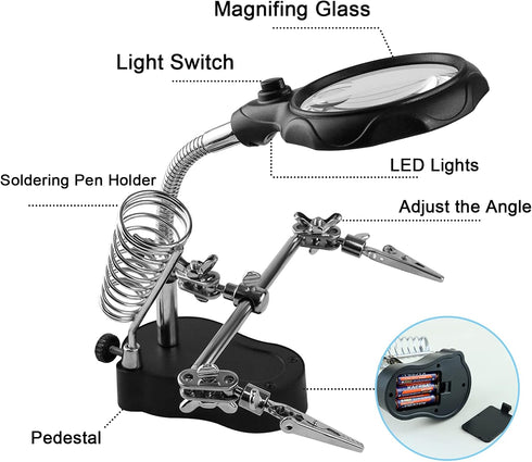 Helping Hands Magnifying Glass Soldering Station, LED Lighted 3.5X 12X Magnifier with Clips