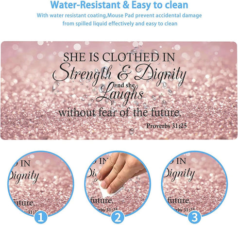 Large Gaming Mouse Pad - Long Extended XL Ergonomic Desk Pad, 31.5'' X 11.8', Proverbs 31:25, Pink Glitter Design