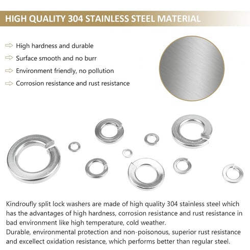 487 Pieces 304 Stainless Steel Lock Washers Assortment Kit, Kindroufly Split Lock Washers, 10 Sizes, 1/2" 3/8" 5/16"