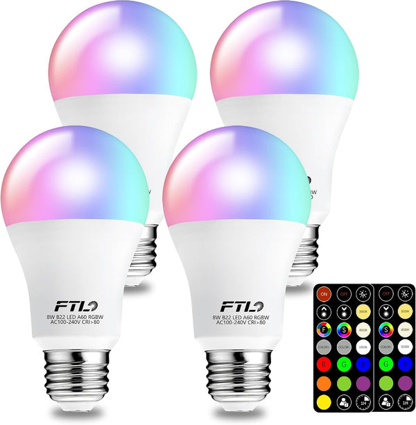 FTL Color Changing Light Bulb with Remote Control, A19 E26 Dimmable RGB