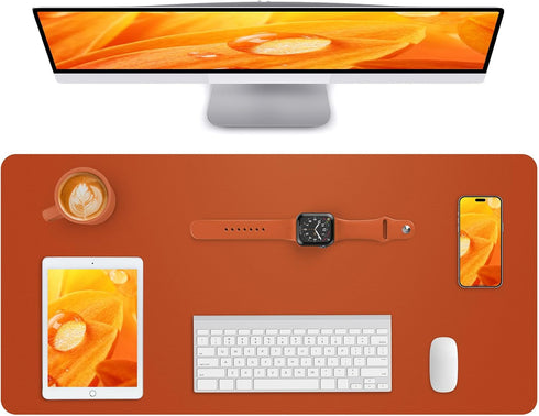 Leather Desk Pad Protector, Non-Slip PU Leather Office Desk Mat, Large Waterproof Keyboard Mat (Orange, 35" x 17")