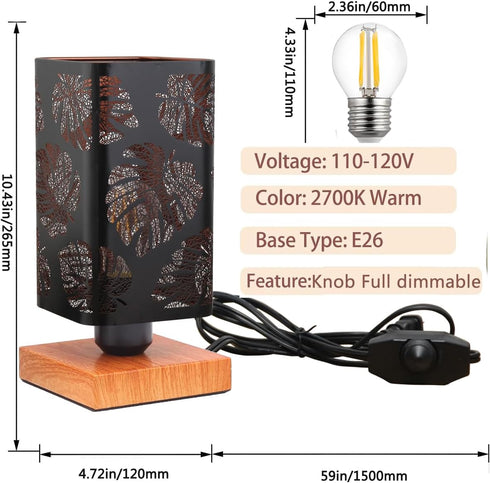 Dimmer, Dimmable Rustic Table Lamp with Small Black Industry Metal bedside Lamp, fully Rotary Switch, Night Light