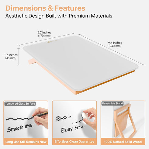 Desktop Glass Whiteboard with Reversible Wood Stand, Mini Dry Erase Easel 9.5"x6.7" for Desk, Accessories Included