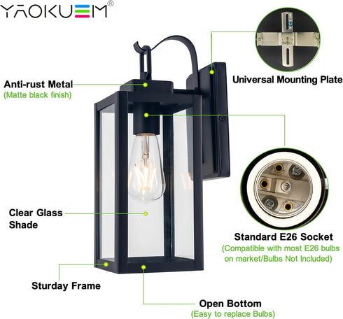 E26 Bulbs Outdoor Wall Lantern, Wall Sconce as Porch Lighting Fixture, Medium Base, Metal Housing Plus Glass, not