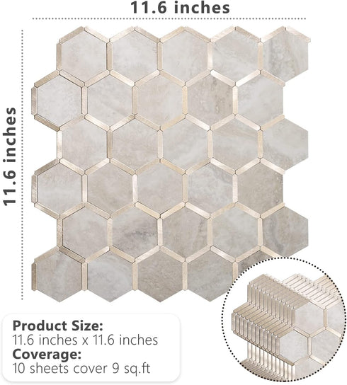 STICKGOO Hexagon Peel and Stick Backsplash Tile, Self Adhesive Wall Tiles for Kitchen and Bathroom, Beige Marble Look