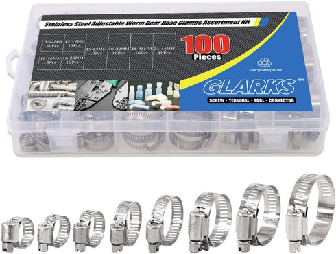 Glarks 100Pcs 8-44mm Range 304 Stainless Steel Worm Gear Hose Clamps Assortment Kit for Plumbing