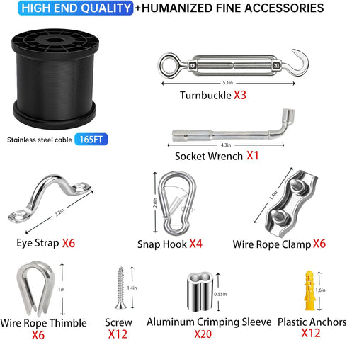 YingYa BIS 165FT Kit,304 480LB String Light Hanging Stainless Steel Cable Kit - Heavy Duty Capacity, Adjustable