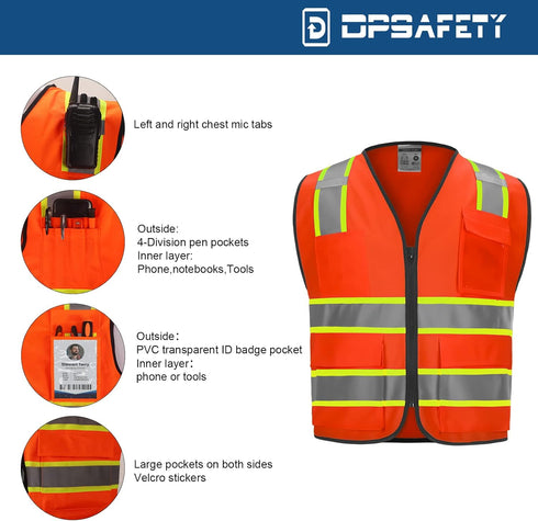 9 Pockets High Visibility Class 2 Safety Vest, Hi Vis with 2 Inch Reflective Strips for Men & Women Orange 3XL