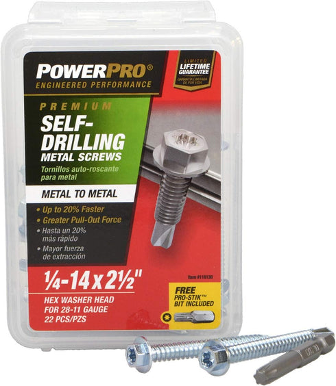 Power Pro Premium Self-Drilling Metal Screws, Zinc Plated Steel, Hex Washer Head, ¼ x 2-½ inches, Box of 22