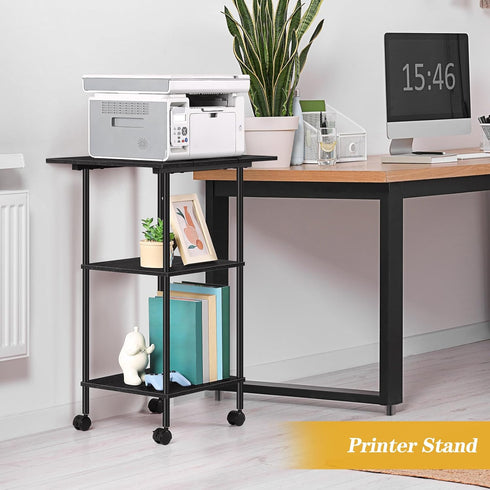 Black Printer Stand with Storage, 3 Tier Rolling Cart with Wheels, Large Printer Table for Home Office