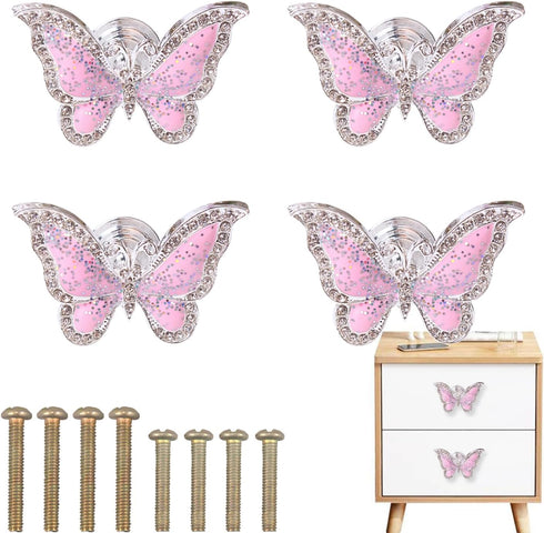 4 pcs Pink Butterfly Handle, Creative Cabinet Drawer Knob for Wardrobe and Dresser