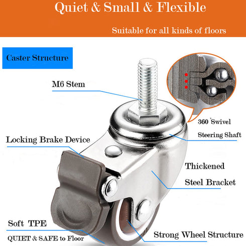 Stem Casters 360 Degree Swivel TPR Wheels - Replacement Industrial Castors for Carts, Furniture, Dolly (1.5 Inch with