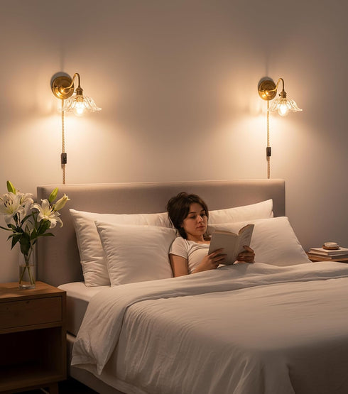 YJQHXY E26 Vintage Plug-in Wall Sconce with Switch, Clear Snowflake Glass Shade, Brass Fixture, Socket with Dual