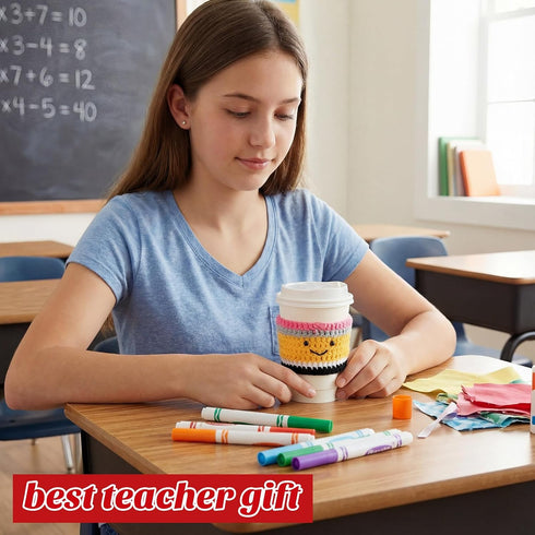 Zhehao 12 Set Teacher Appreciation Gift Card Crochet Coffee Cup Sleeve Composition Notebook Crayon Thank You