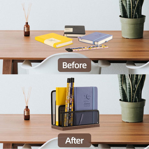 Wooden Desk Mail Organizer, 2 Pack, Metal Mesh with 3 Vertical Compartments for Letters, Postcards, Brochures