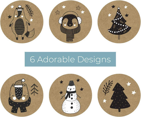 Black and White Holiday Animals Christmas Stickers, 500 Labels, 1.5" Round Winter Animals Envelope Seals, 6 Festive