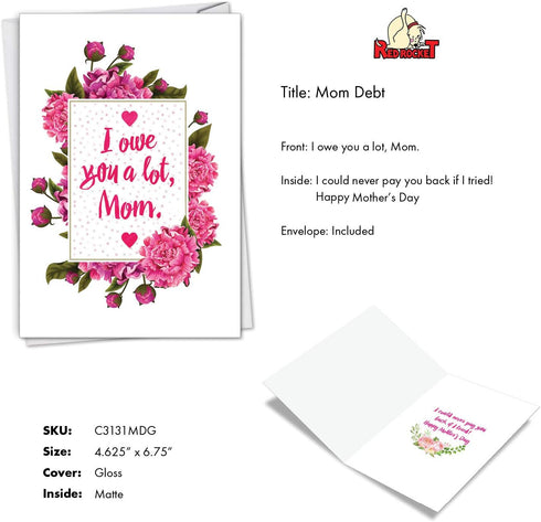 NobleWorks Funny Mother's Day Card with Envelope, Loving Humor Greeting Card for Mom - Mom Debt C3131MDG